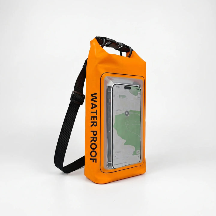 Convenient waterproof dry bag with roll-top seal and built-in phone window for outdoor use.