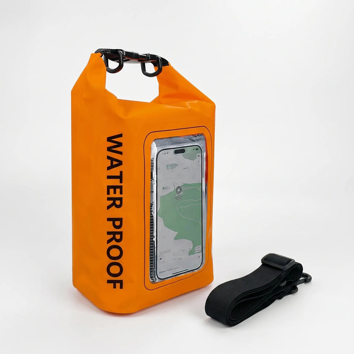 Marine-grade waterproof roll-top dry bag with phone window, ideal for boating & water sports.