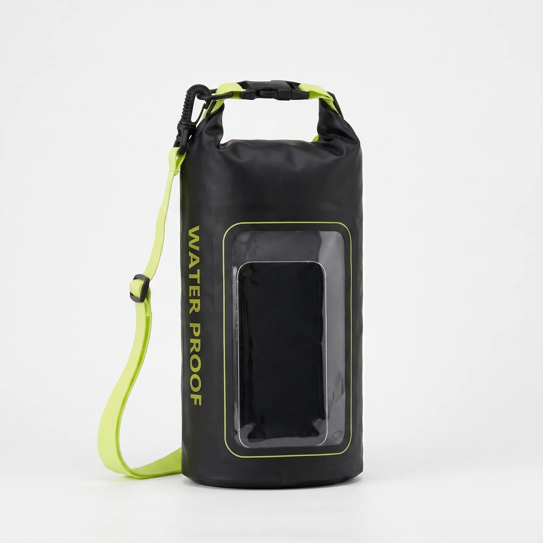Essential roll-top dry bag with phone window for kayaking, boating, and beach outings.