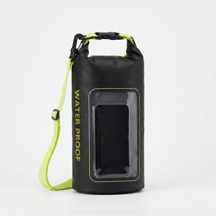 Essential roll-top dry bag with phone window for kayaking, boating, and beach outings.