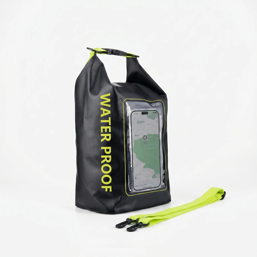 Keep valuables dry with this waterproof dry bag, roll-top seal & clear phone window.