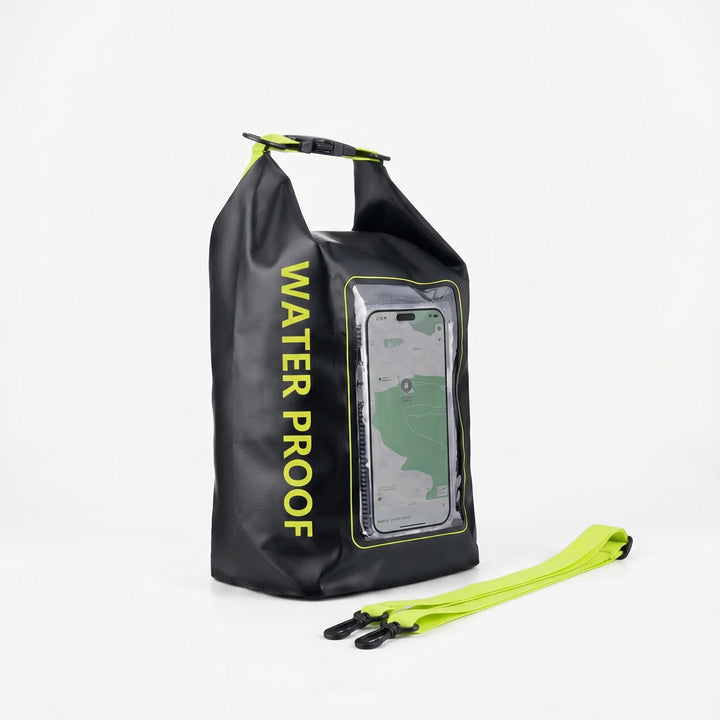 Keep valuables dry with this waterproof dry bag, roll-top seal & clear phone window.