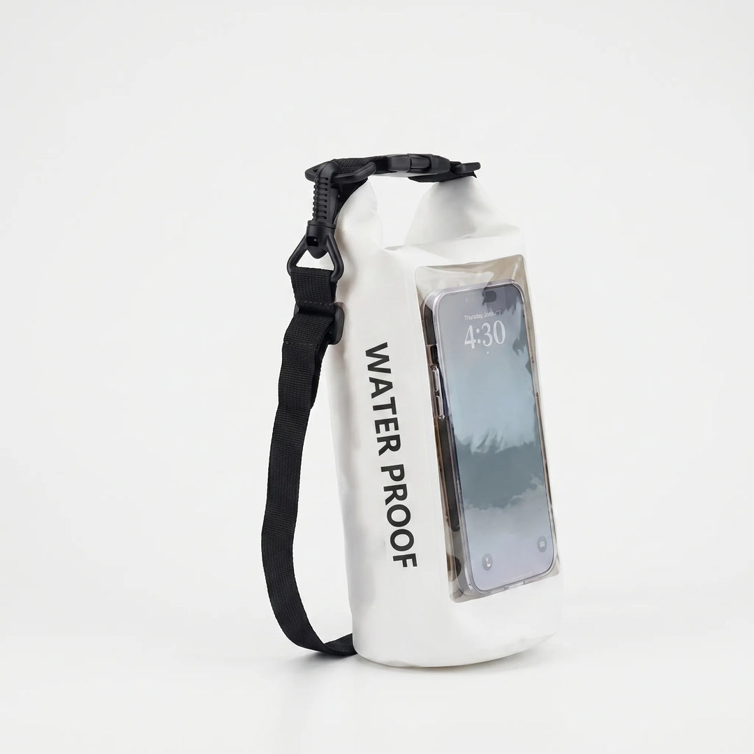 Outdoor gear: waterproof roll-top dry bag with phone window for maps & communication.