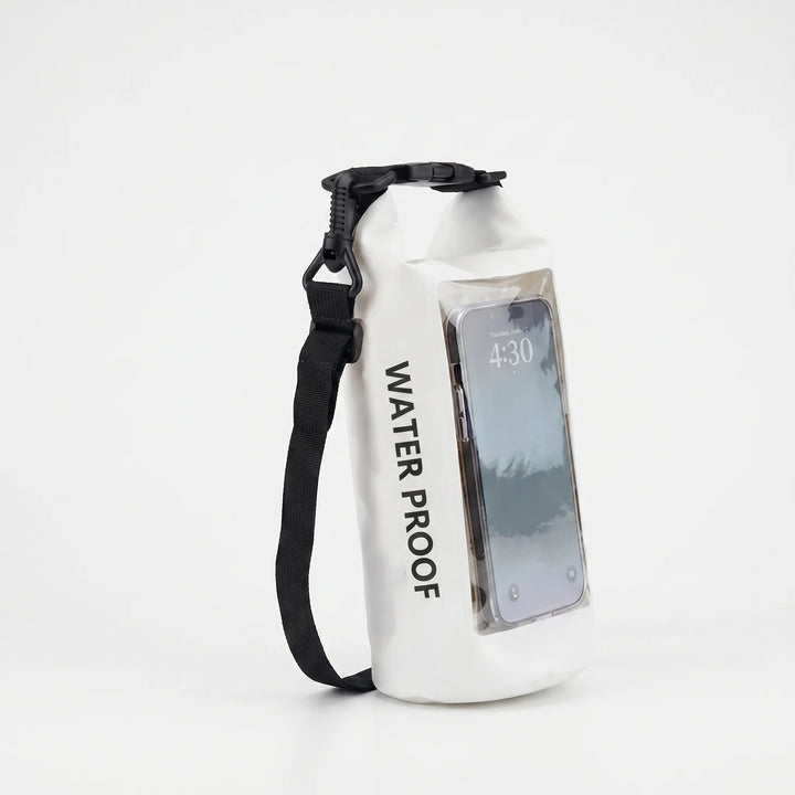 Outdoor gear: waterproof roll-top dry bag with phone window for maps & communication.