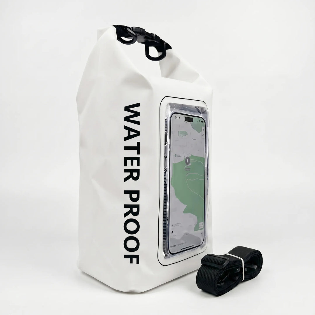 Spacious waterproof dry bag with accessible phone window for travel & water sports.