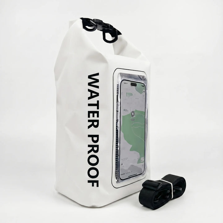 Spacious waterproof dry bag with accessible phone window for travel & water sports.