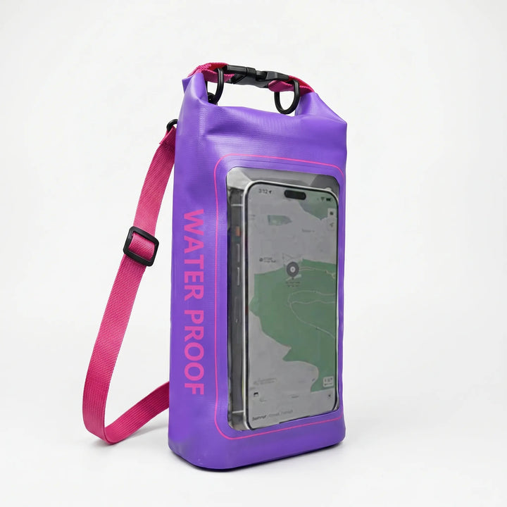 Kayaking waterproof dry bag with secure roll-top closure and visible phone window.