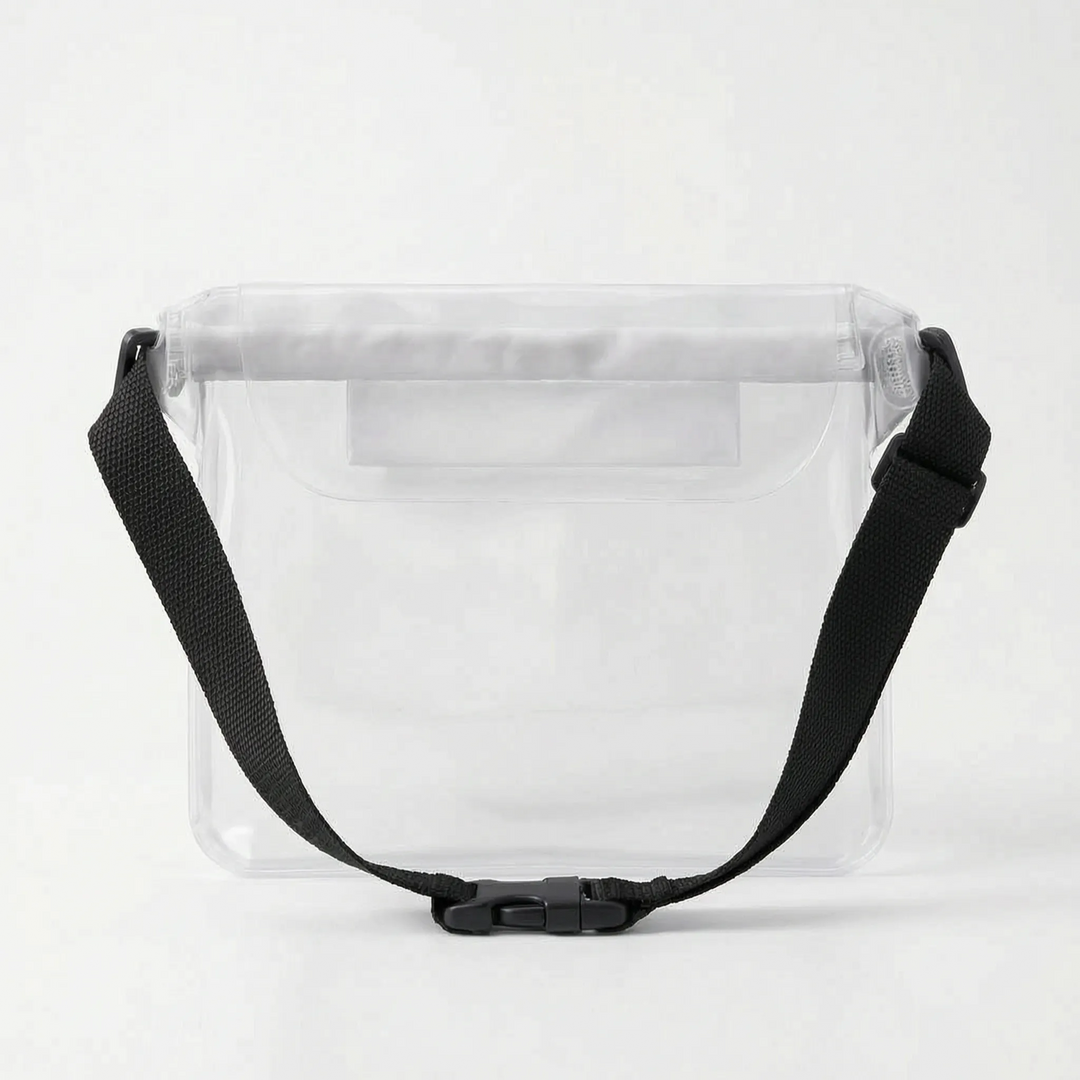 Front & back view of durable waterproof fanny pack, designed as a clear dry bag for beach, sports & travel.