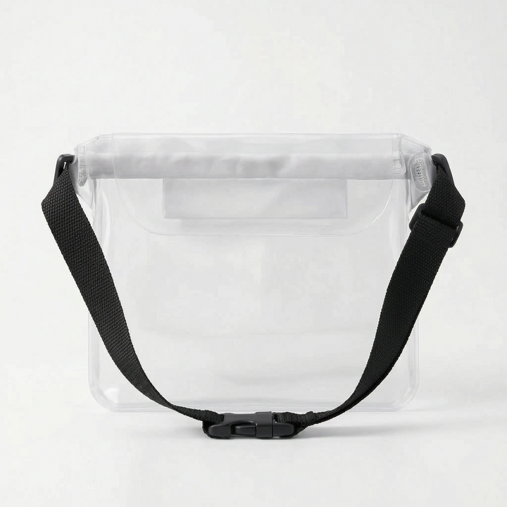 Front & back view of durable waterproof fanny pack, designed as a clear dry bag for beach, sports & travel.