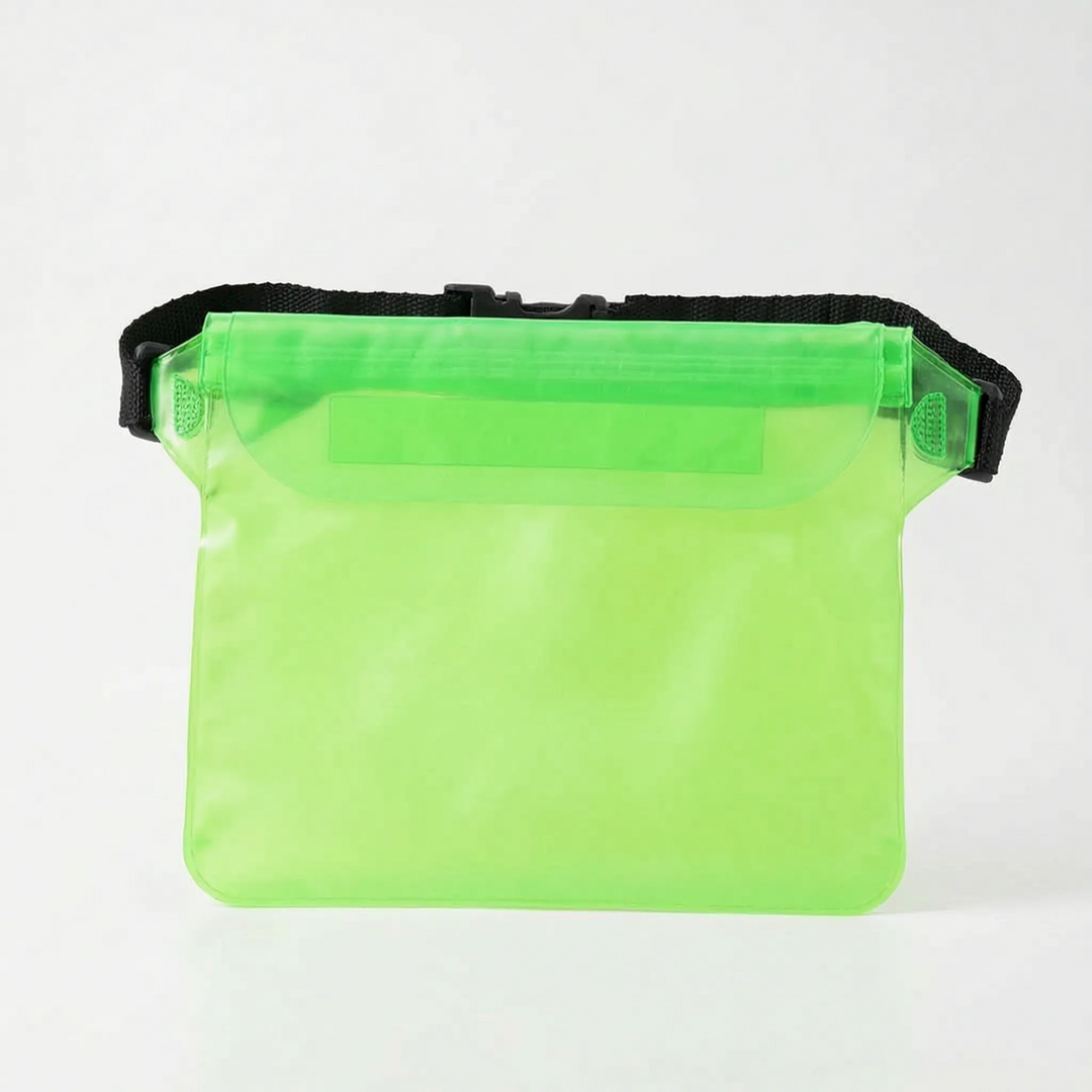 Stylish translucent waterproof beach bag, perfect vacation essential & waist pack for keeping items safe on trips.