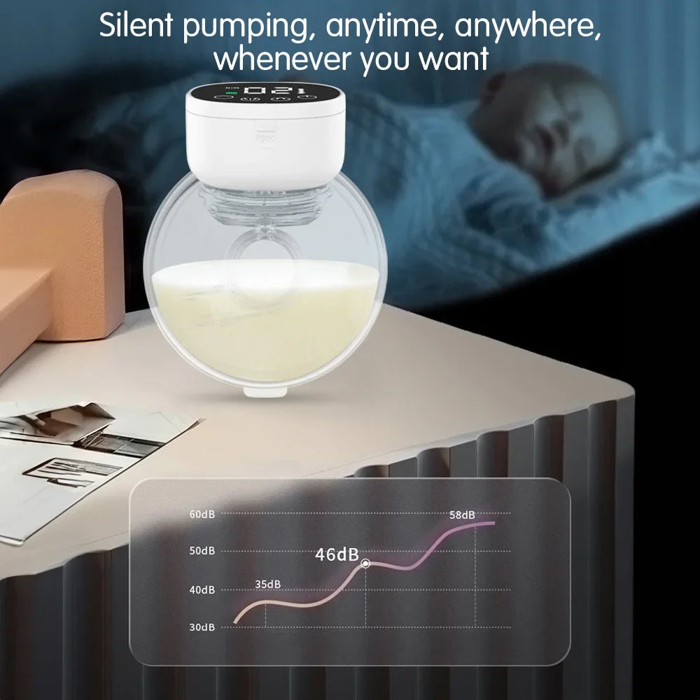Maternity product: wearable electric breast pump, illustrating simple interface for flow control.