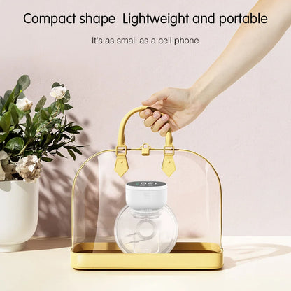 Wearable breast pump beside a feeding bottle, ready for quick milk transfer for baby feeding.