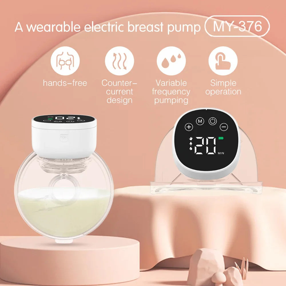 Nursing mom demonstrating hands-free use of a portable electric breast pump, expressing milk discreetly.