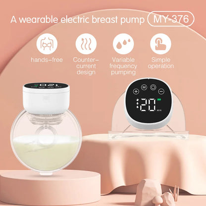 Nursing mom demonstrating hands-free use of a portable electric breast pump, expressing milk discreetly.