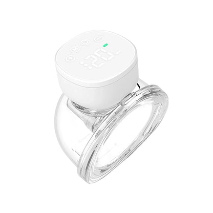Wearable breast pump with full milk collection, depicting efficient milk expression for baby feeding.