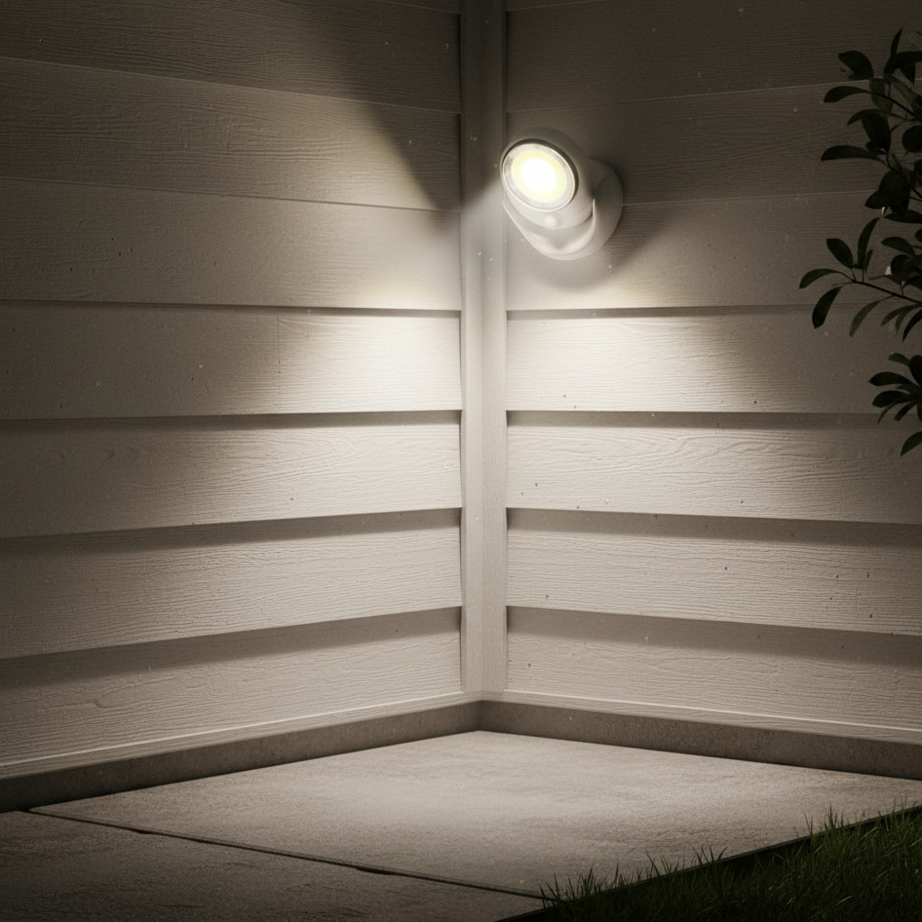 Weatherproof outdoor motion sensor LED security light, wireless for garden or patio. Reliable NightBeam illumination.