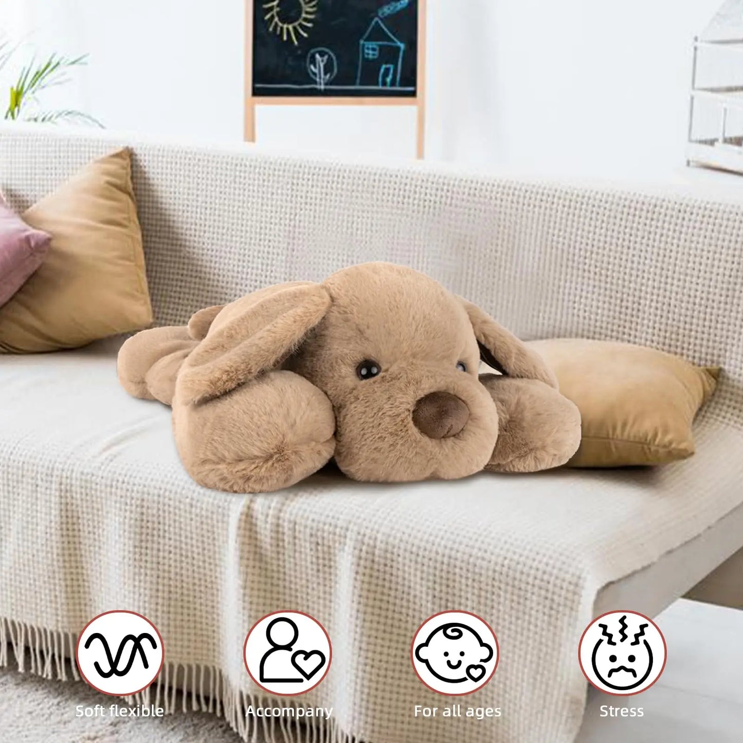 Child hugging a 50cm weighted dog plush, a calming companion and sensory toy for anxiety