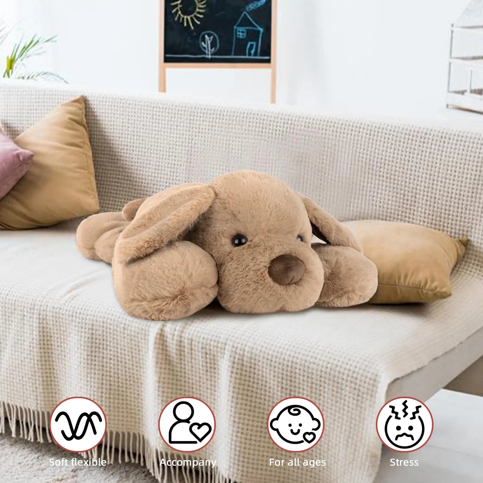 Child hugging a 50cm weighted dog plush, a calming companion and sensory toy for anxiety