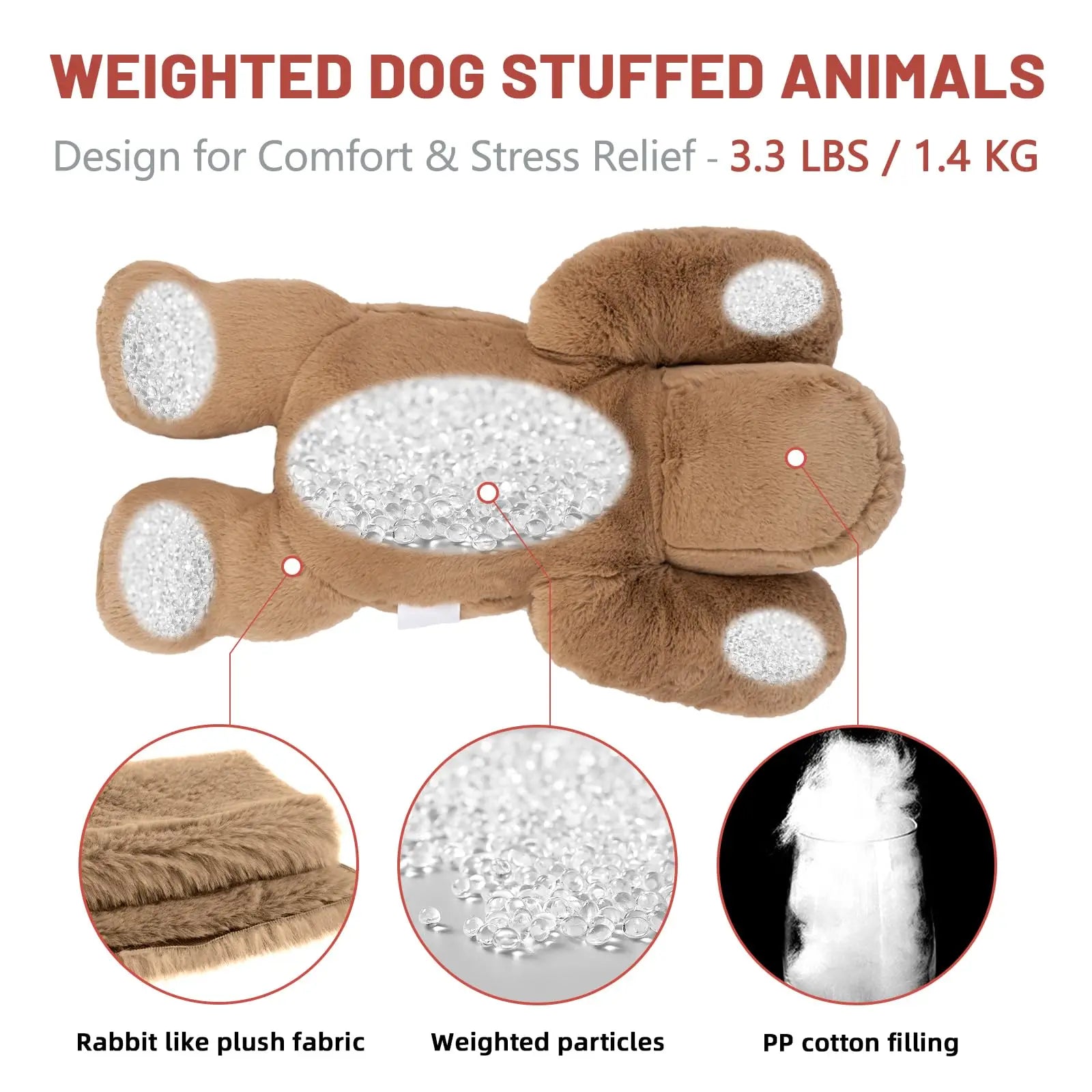Weighted dog plush animal, 50cm, lying on a bed, providing comfort and anxiety relief