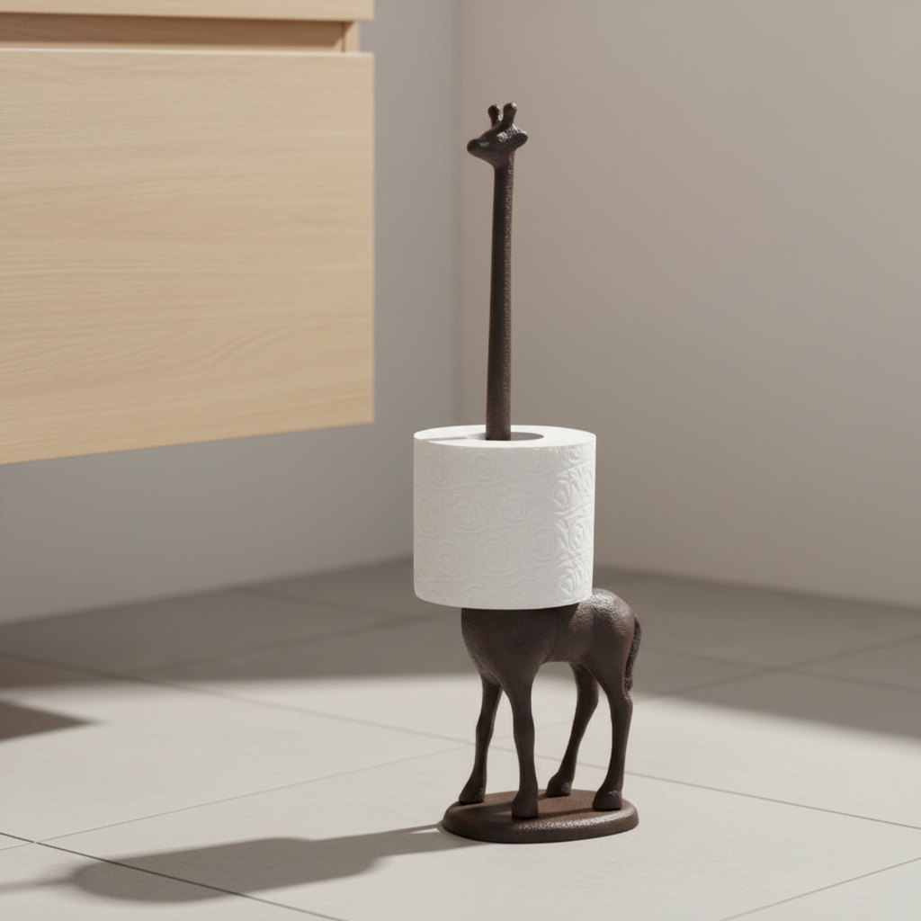 Whimsical cast iron giraffe toilet paper holder. Decorative freestanding bathroom accessory for rustic & safari decor.