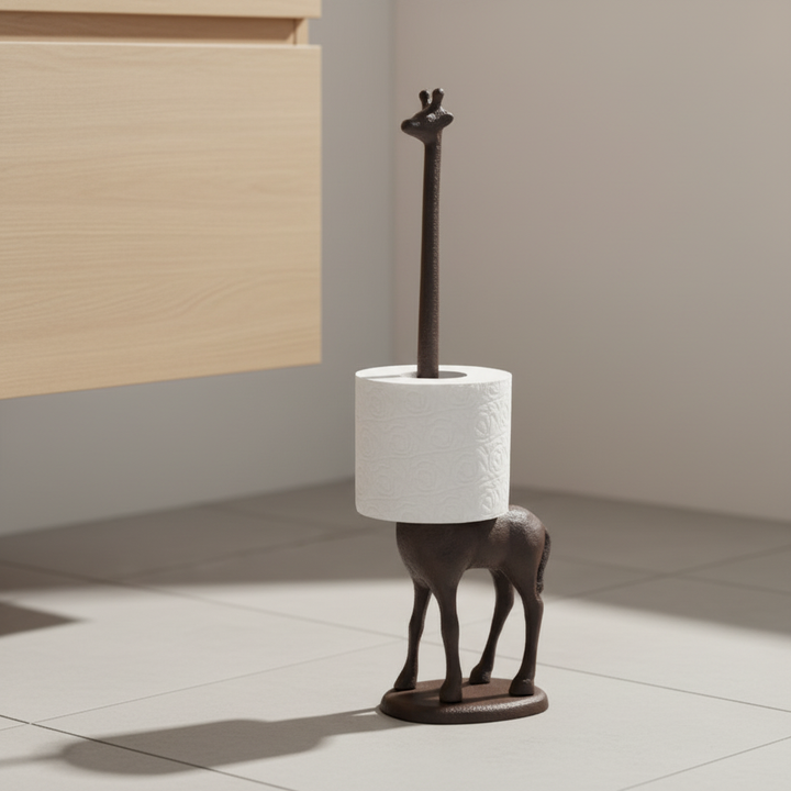Whimsical cast iron giraffe toilet paper holder. Decorative freestanding bathroom accessory for rustic & safari decor.