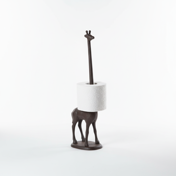Rustic cast iron giraffe toilet paper holder. Unique freestanding animal bathroom decor stand for boho or safari homes.