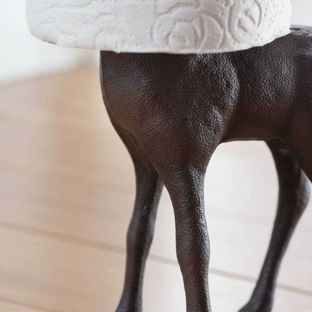 Decorative whimsical giraffe toilet paper holder. Adds fun animal charm to any bathroom. Freestanding cast iron design.