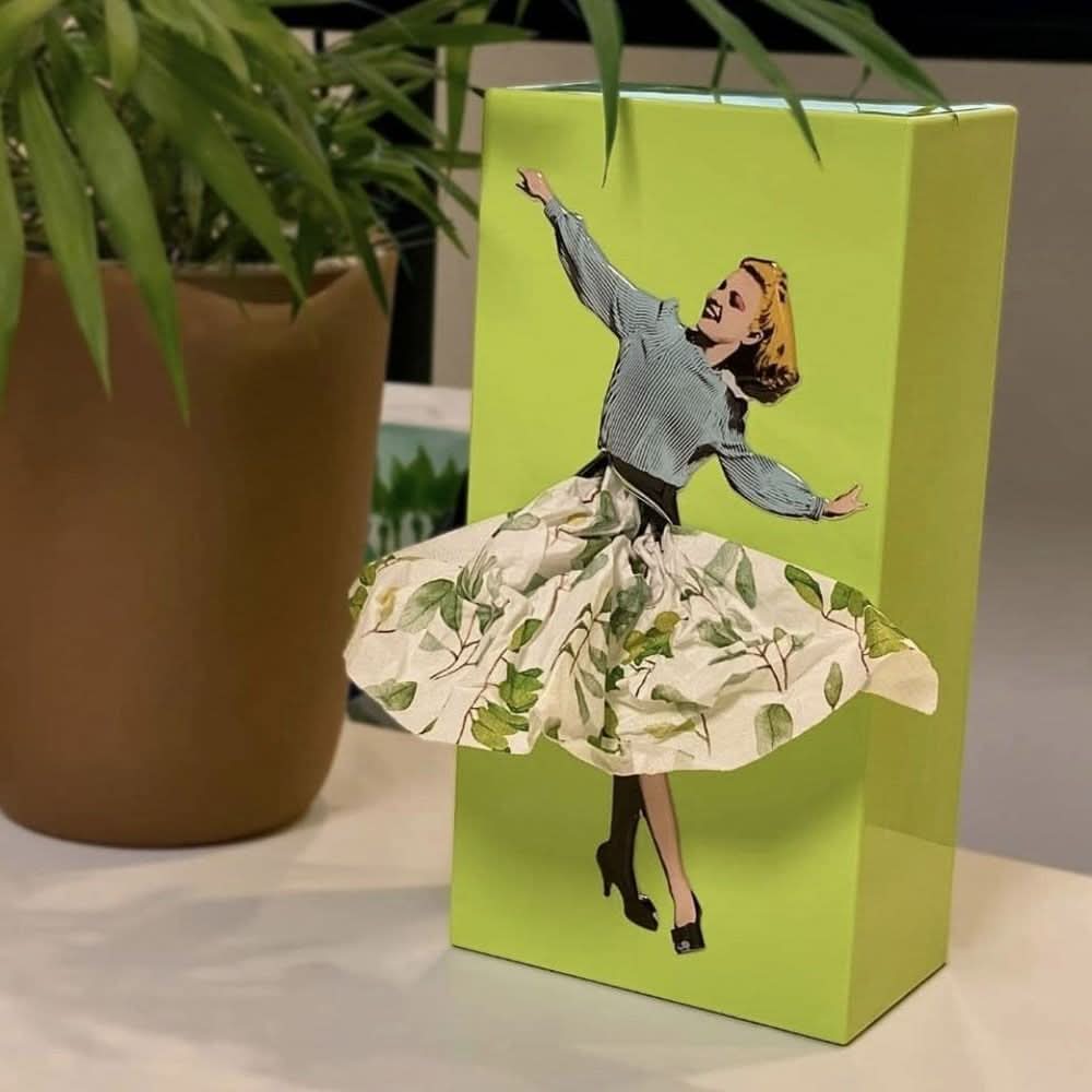 Decorative Whimsical Dancer tissue box holder. A creative home accessory bringing playful organization to your space.