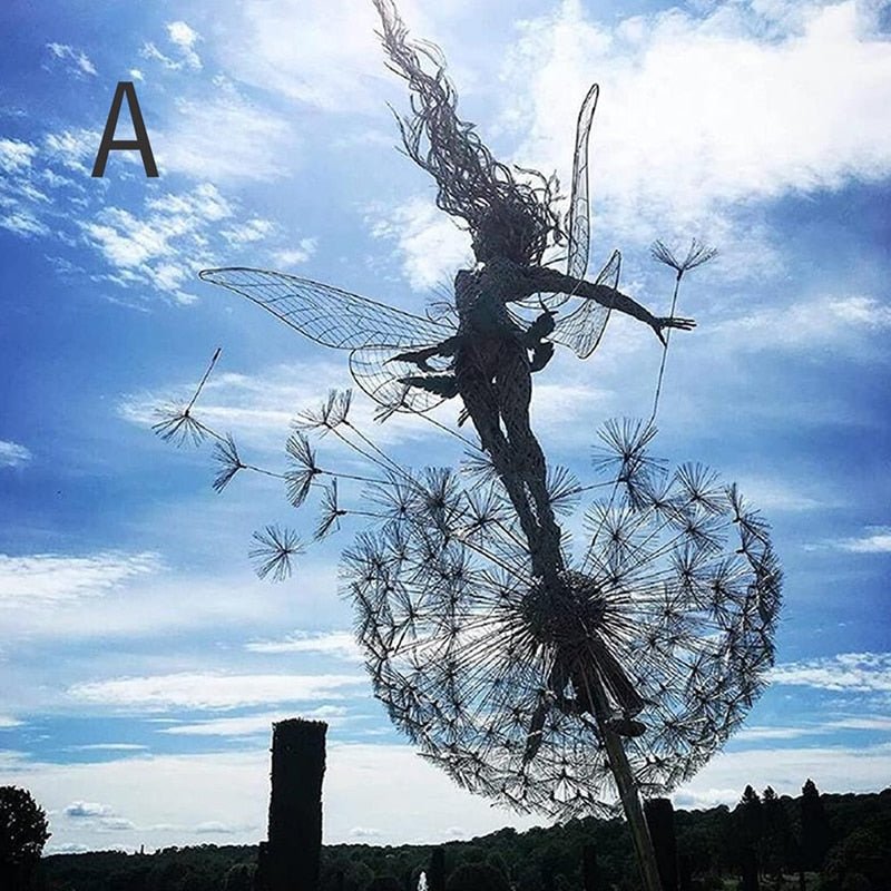 Whimsical dancing fairy metal garden statue, dandelion art for charming outdoor decor.
