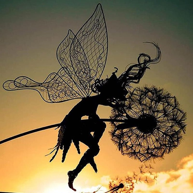 Elegant metal fairy sculpture, whimsical outdoor garden accent. Perfect yard decor with dandelion detail.