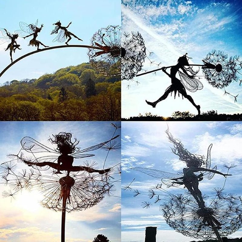 Dancing fairy garden statue, durable metal art for patio & yard. Whimsical outdoor decor with dandelion.