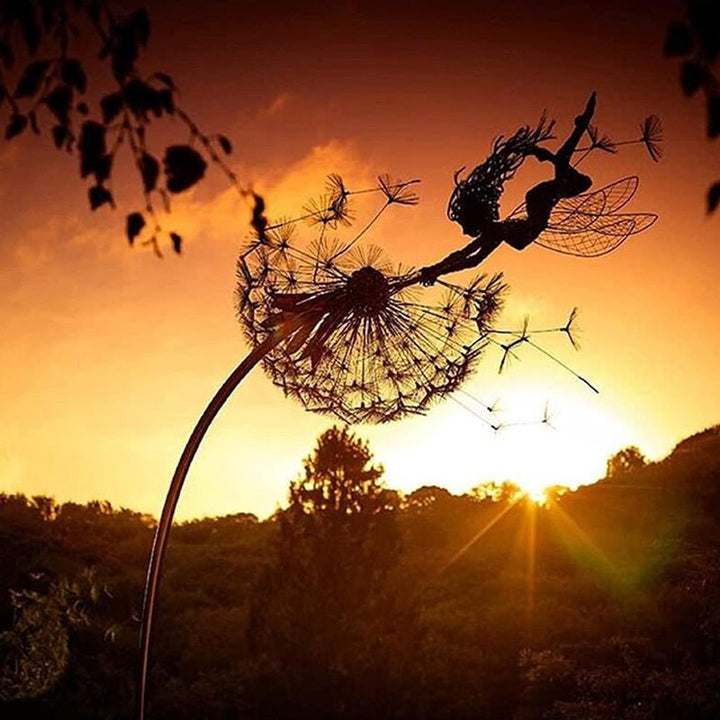 Whimsical metal fairy garden sculpture, gracefully dancing on a dandelion. Ideal for outdoor yard decor.