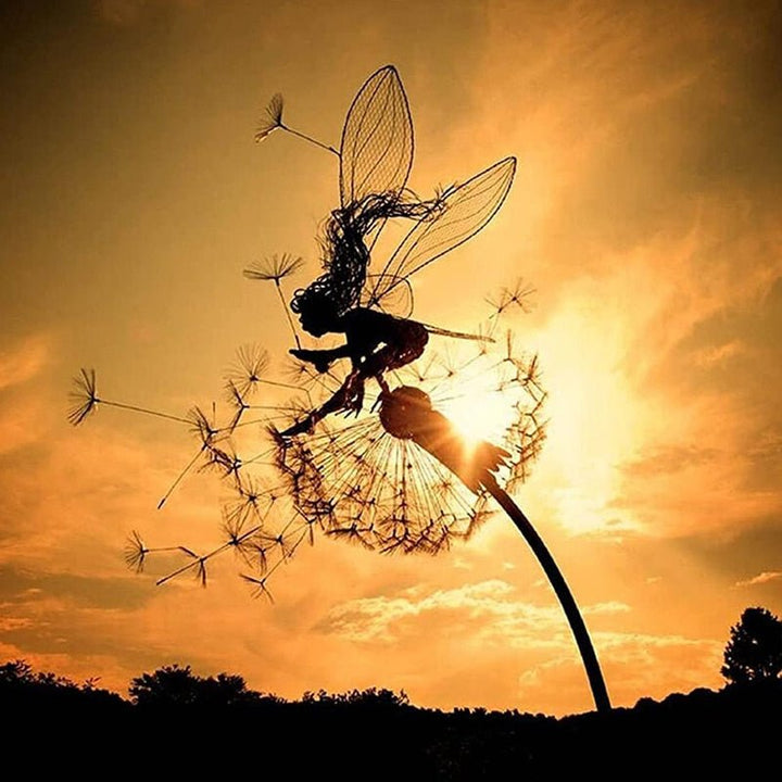 Charming metal fairy statue, whimsical outdoor decor for gardens. Dandelion art and patio accent.