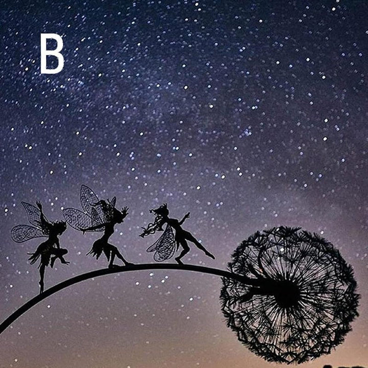 Enchanting metal fairy sculpture, whimsical outdoor garden decor. Dandelion art for a unique patio accent.