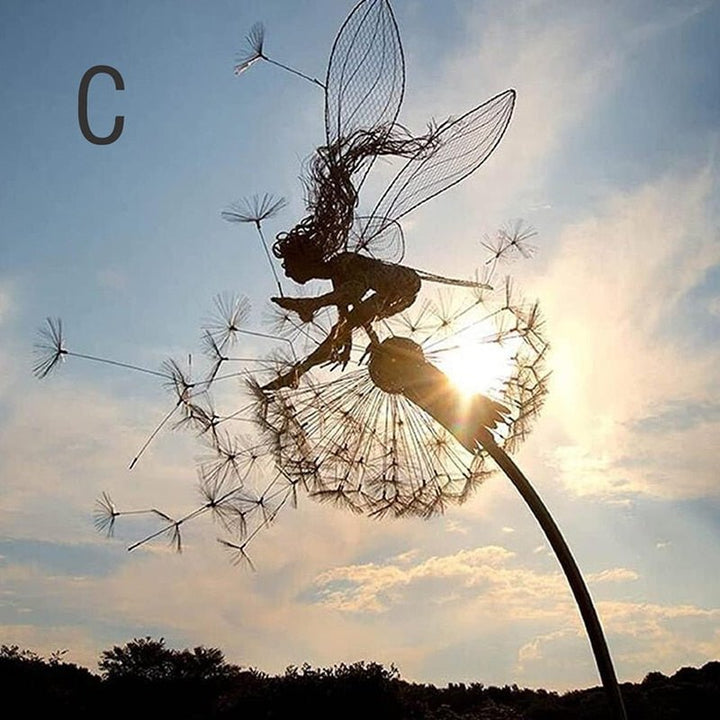 Graceful dancing fairy metal garden statue, whimsical dandelion design for captivating outdoor decor.
