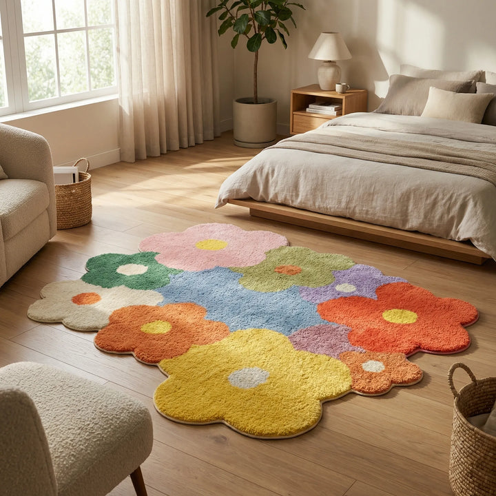 Whimsical meadow floral area rug with scalloped edges, perfect for living rooms or bedrooms, adding soft decor.
