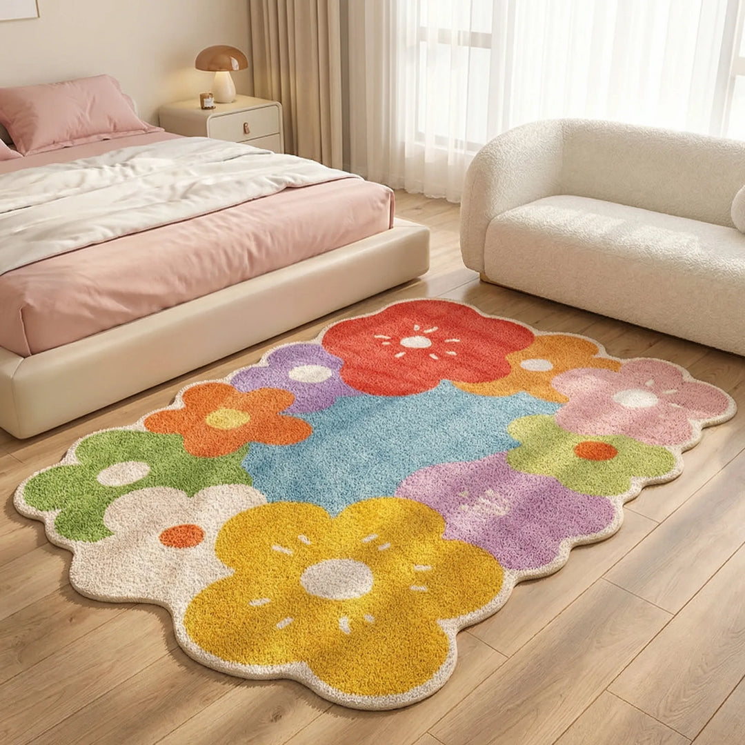 Custom Flowique floral area rug with a unique whimsical meadow and scalloped wave design, a stunning home accent.