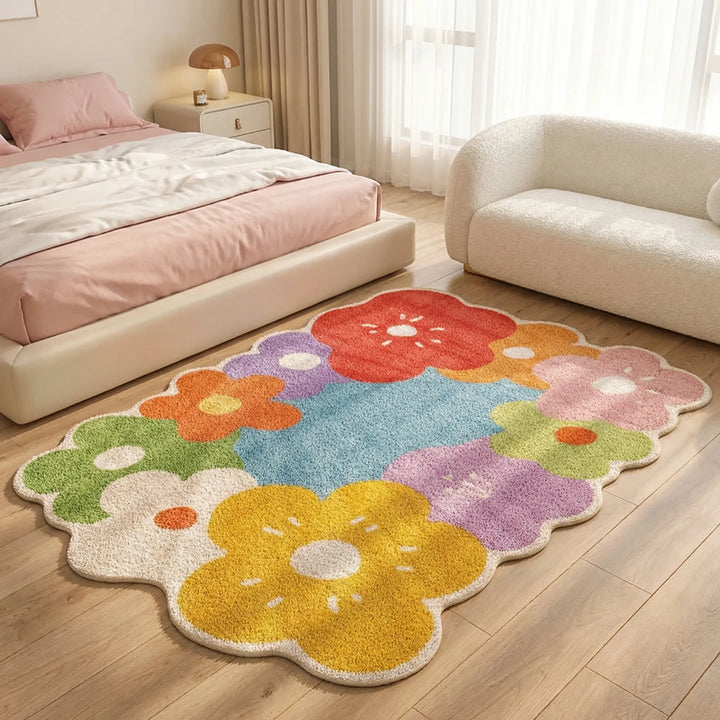 Custom Flowique floral area rug with a unique whimsical meadow and scalloped wave design, a stunning home accent.