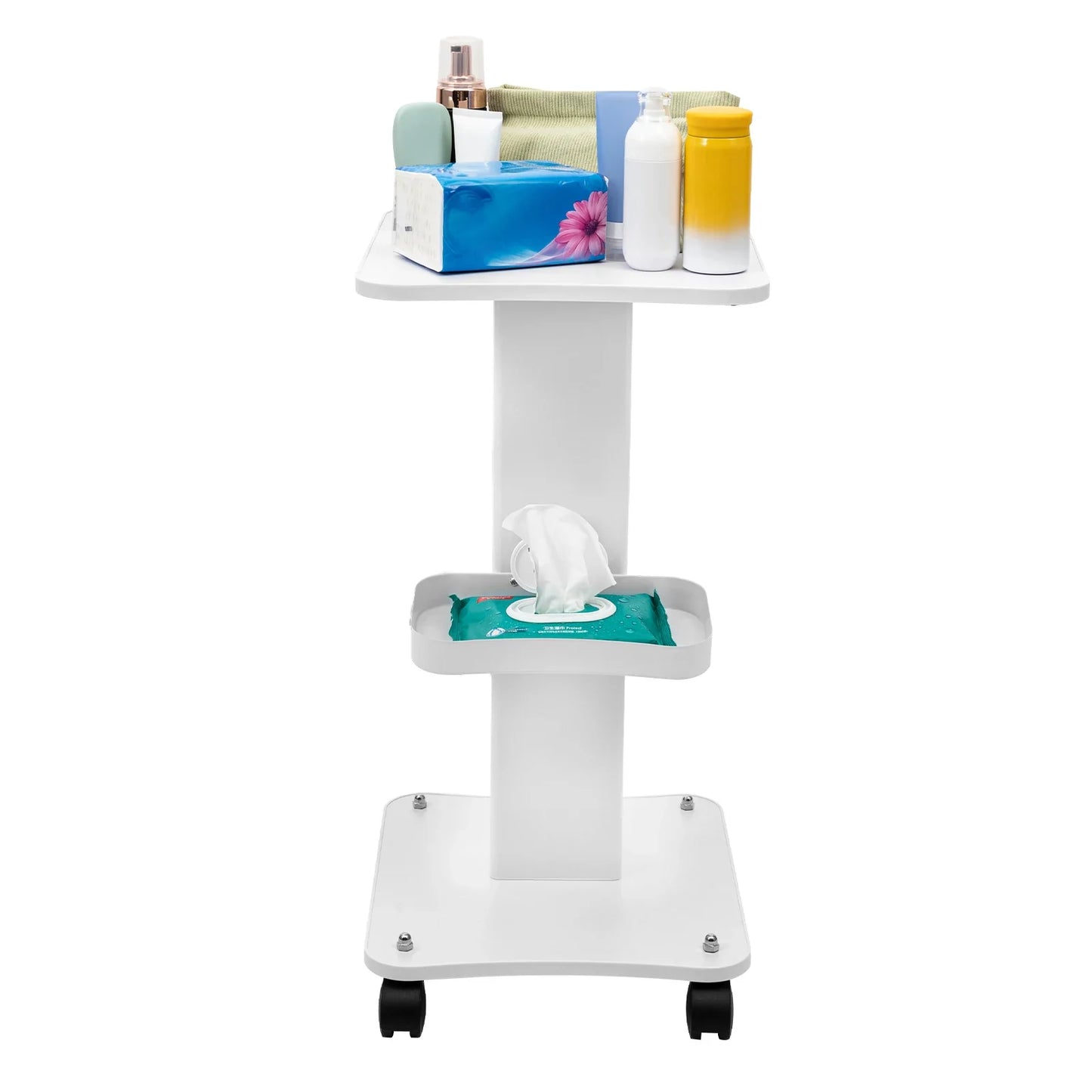 White 3-tier rolling storage cart with wheels, perfect for baby nursery organization and utility.
