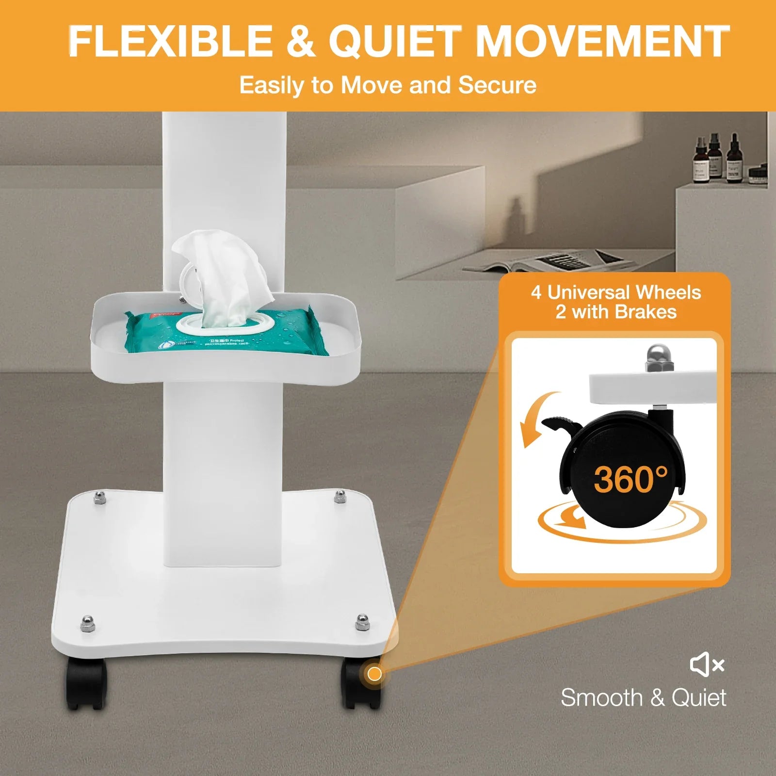 Mobile white rolling cart with 3 shelves, offering versatile storage for baby accessories.