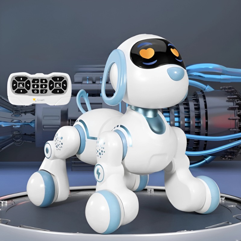 White and black interactive robotic dog toy for kids with remote control, charging, and playful pose.