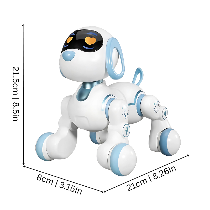 Child playing with a remote control robot dog toy, showing its interactive features and educational value.