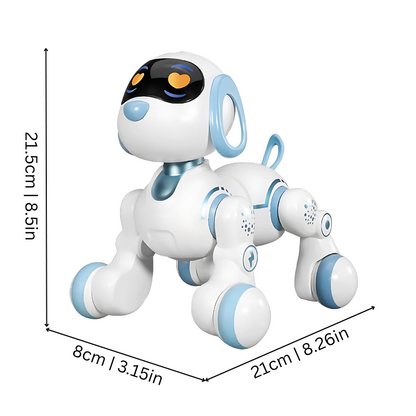 Child playing with a remote control robot dog toy, showing its interactive features and educational value.
