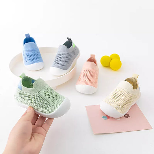 White baby breathable mesh sneakers, ideal for spring & summer, with non-skid sole for infants