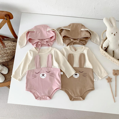 White baby cotton bodysuit onesie with matching cap for newborns, soft & breathable infant wear.