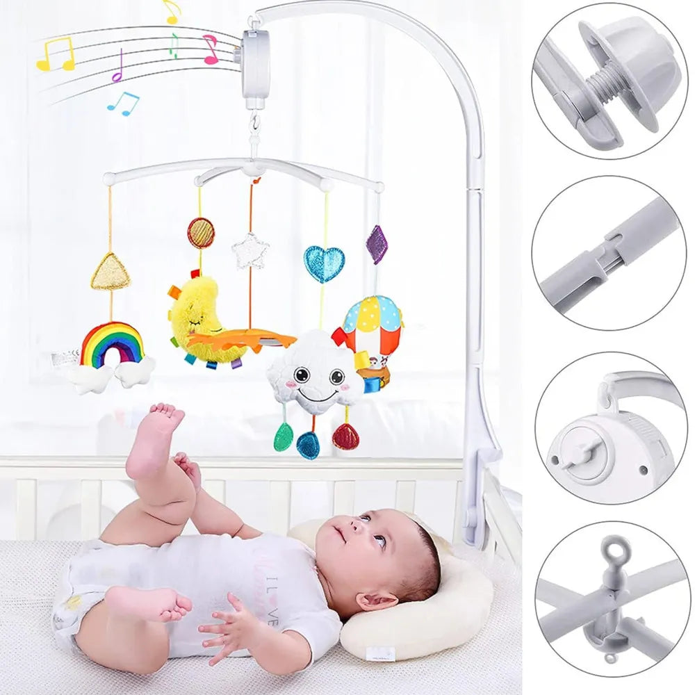 White baby crib mobile holder with music box, sturdy clamp for secure crib attachment