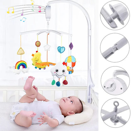 White baby crib mobile holder with music box, sturdy clamp for secure crib attachment