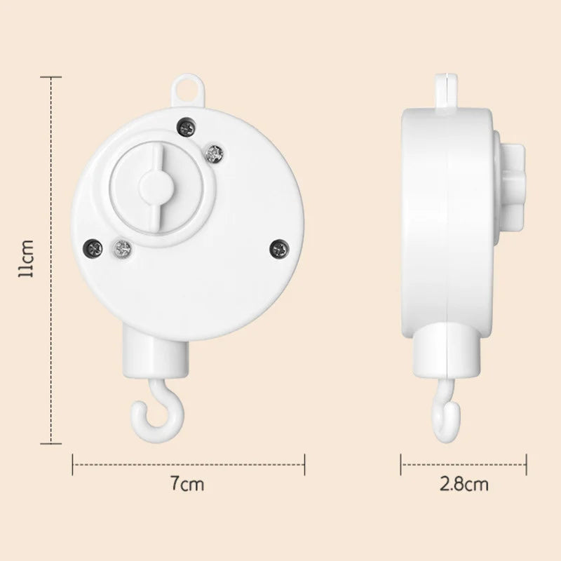 Baby crib attachment with music box, durable holder in white for any nursery theme