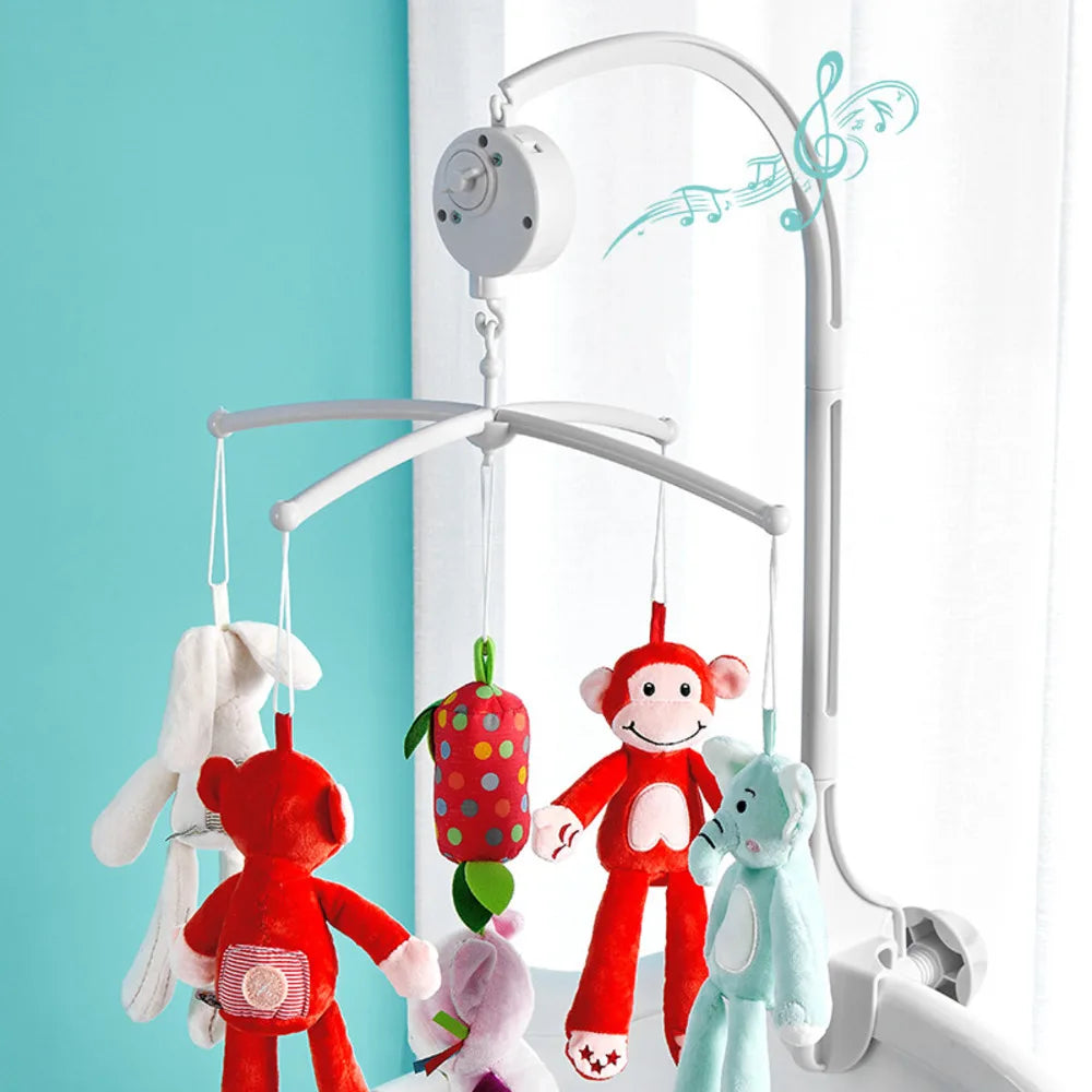 Baby mobile holder with musical box, universal clamp for cribs, promoting infant development