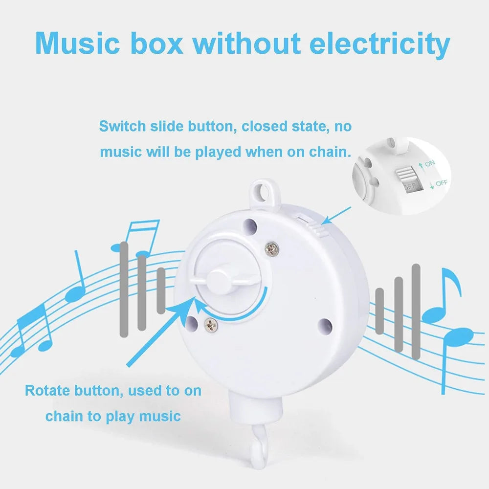 Portable baby mobile holder, music box and universal clamp for crib and stroller, white